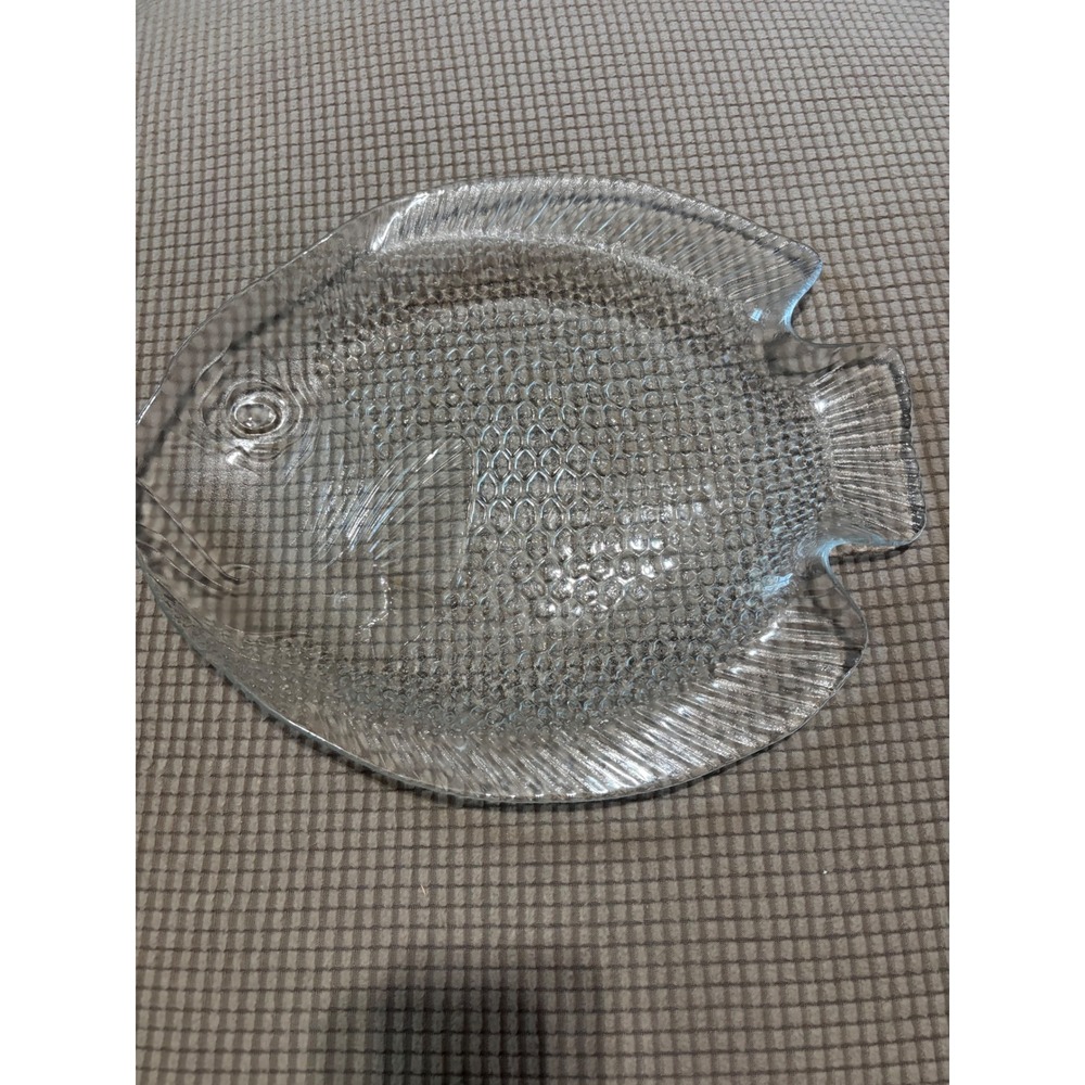 Vintage Clear Pressed Glass Fish Serving Platter Textured Angelfish Tray 15 Inch